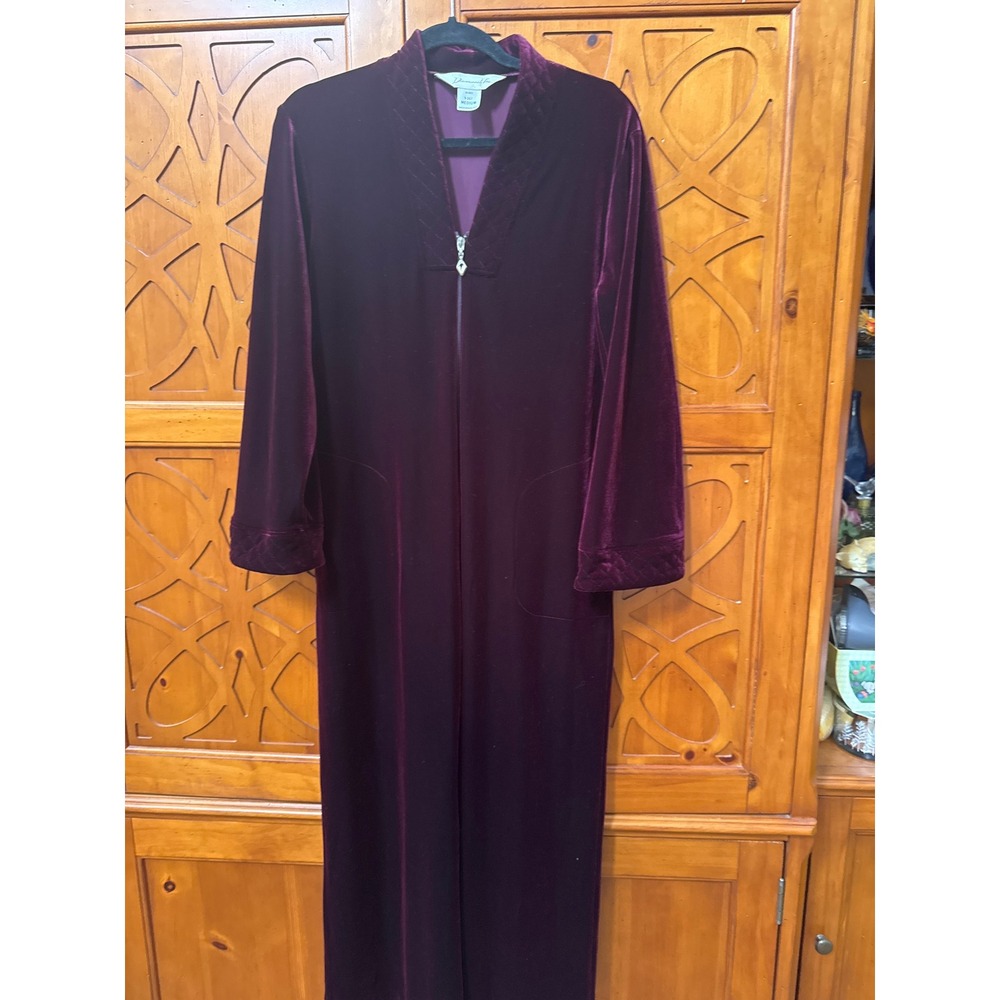 Diamond Tea Velvet Robe Plum Purple Quilted Trim Zip Front Maxi House Coat SZ M
